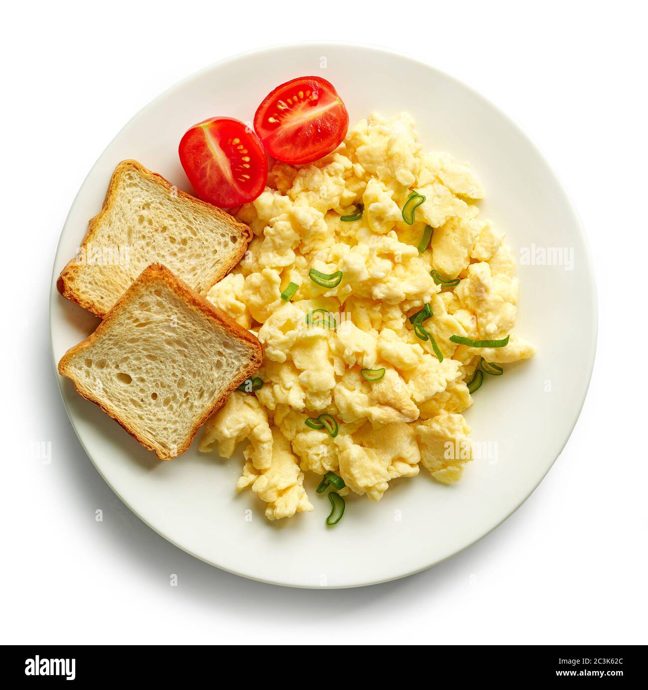 plate of scrambled eggs isolated on white background, top view Stock Photo