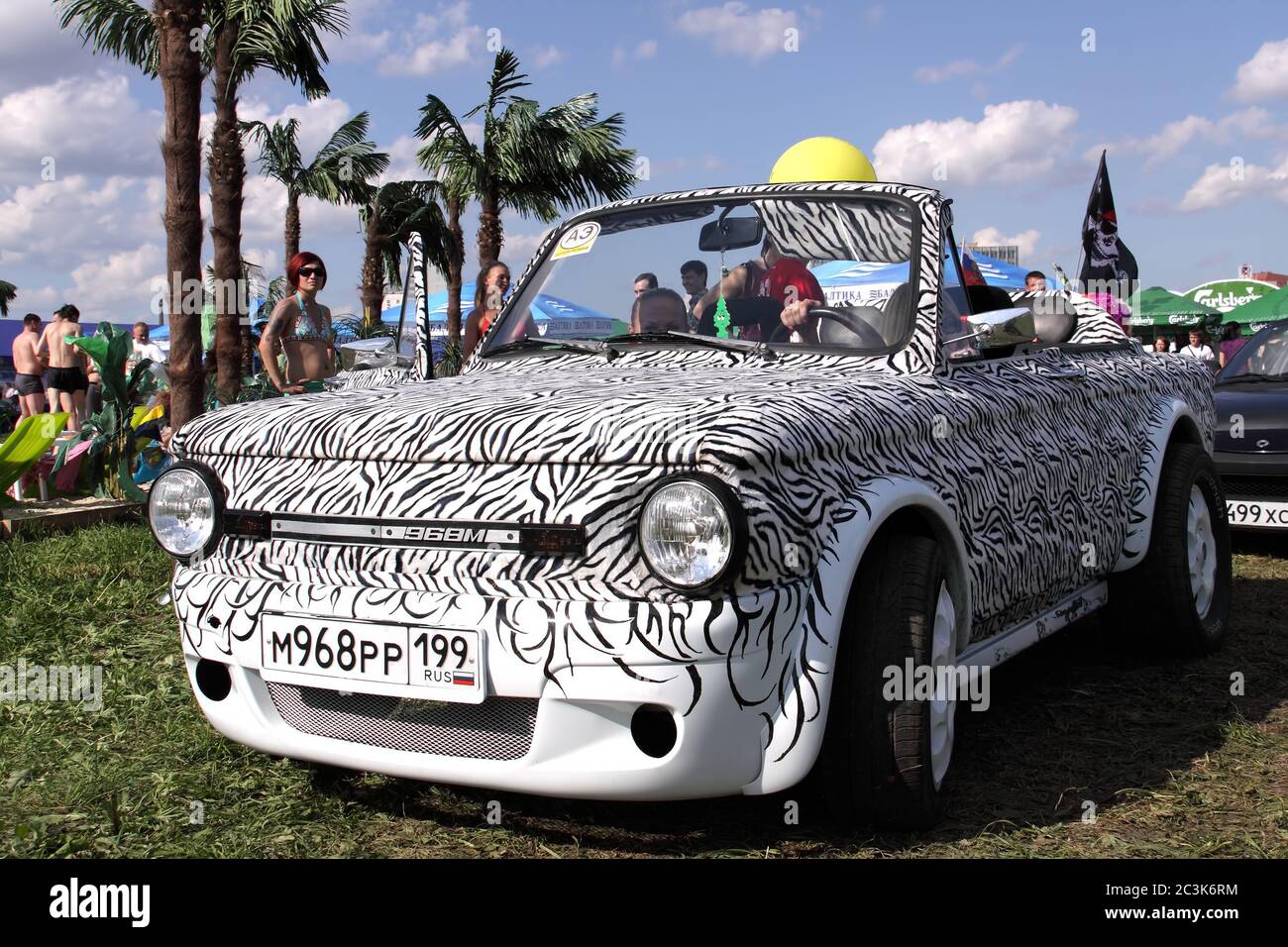 Moscow, Russia - May 25, 2019: Tuned Soviet vintage retro car Zaz 968M convertible. Repainted in zebra, and covered with artificial skin. Standing outside Stock Photo