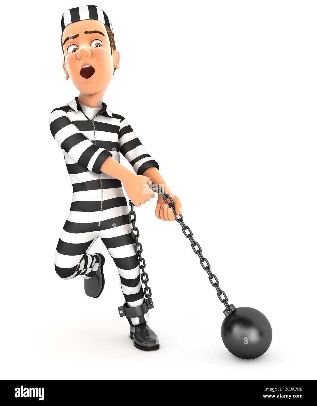 3d convict trying to lift ball and chain, illustration with isolated white background Stock Photo