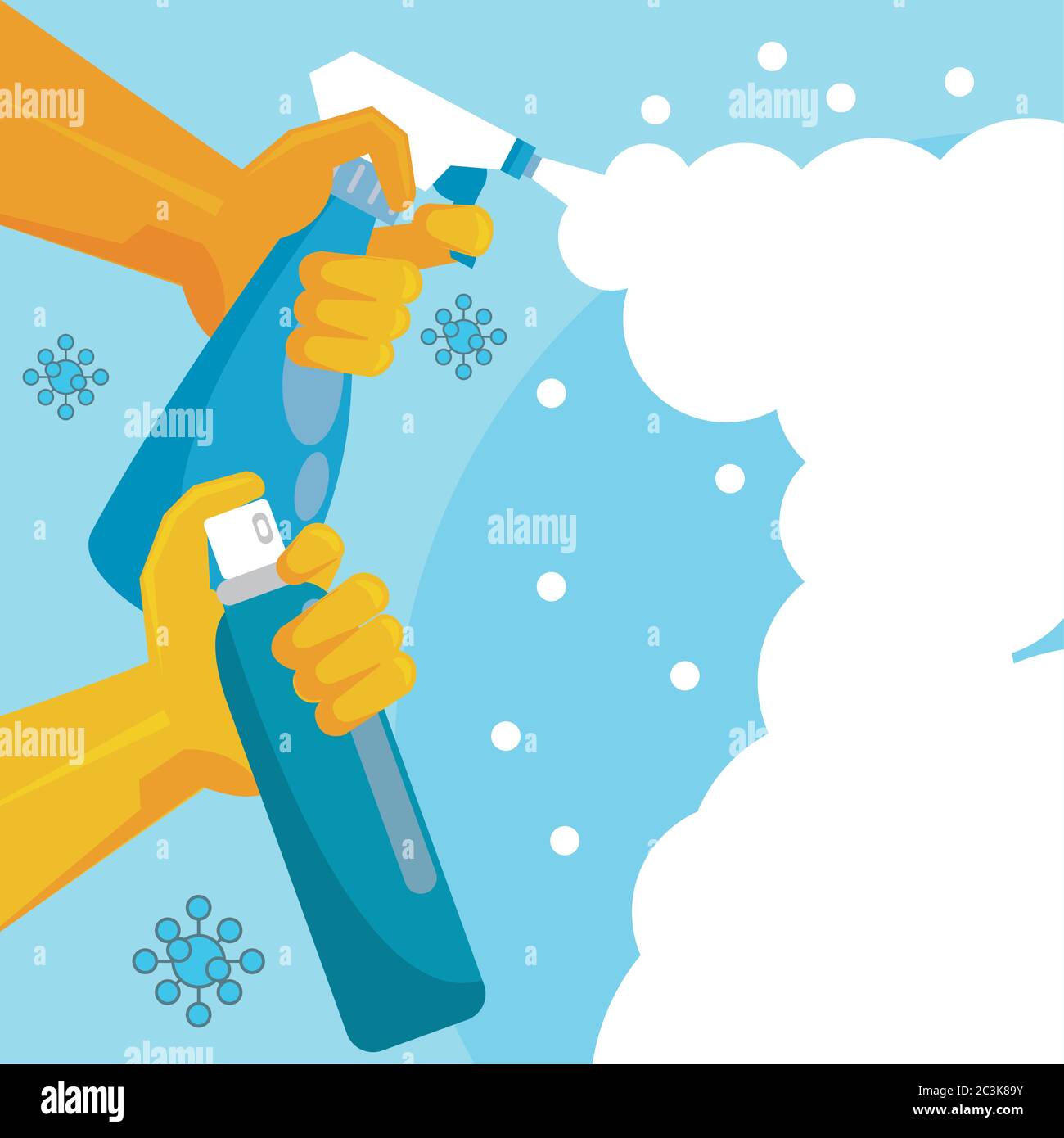 disinfect and clean activity with hands using splash bottles vector illustration design Stock Vector