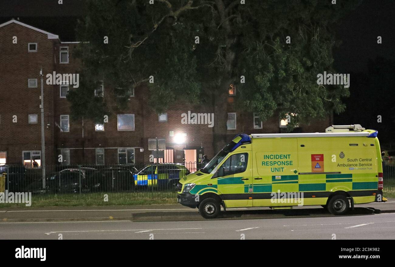 Emergency services at a block of flats off the Basingstoke Rd in Reading after an incident at Forbury Gardens in Reading town centre. Stock Photo