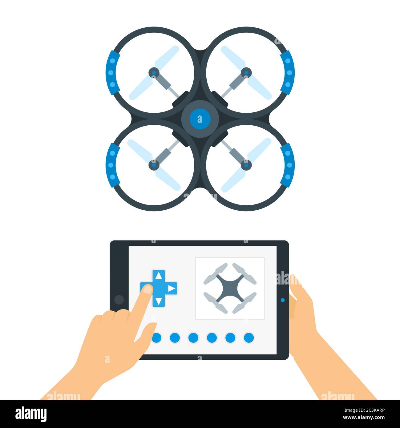 Man controls a drone using a mobile application on a gadget vector illustration in a flat design. Stock Vector