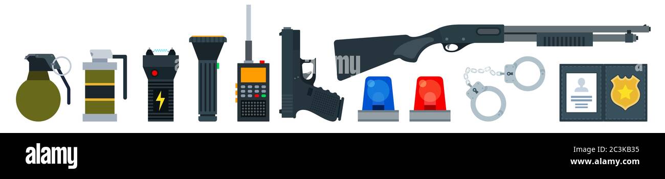 Set vector icons of police officer equipment in flat design. Police outfit, protection of citizens. Stock Vector
