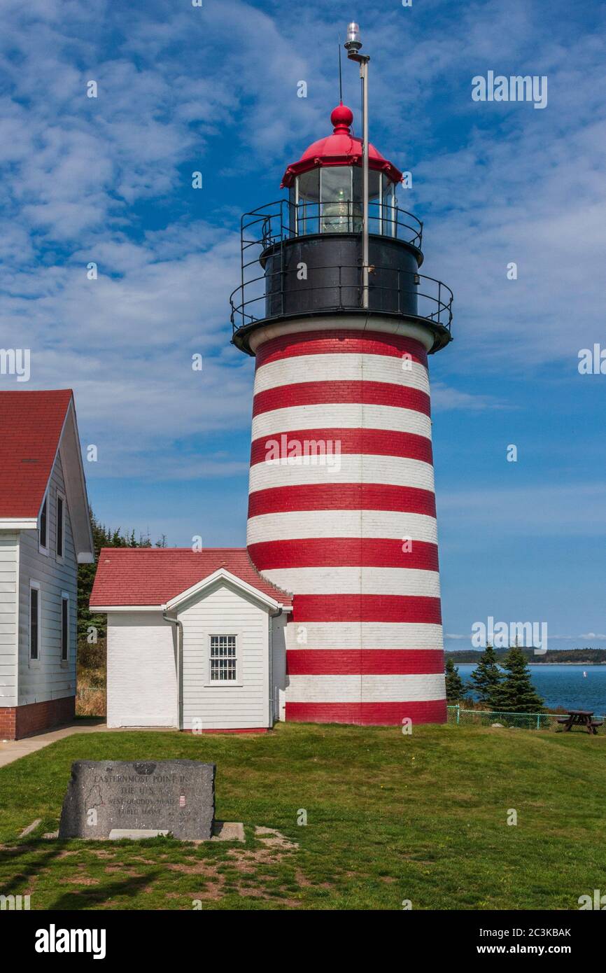 West Quoddy Head Lighthouse at Lubec, Maine, built in 1808 (and replaced in 1831 and again in 1858)  at the entrance to Passamaquoddy Bay. Stock Photo