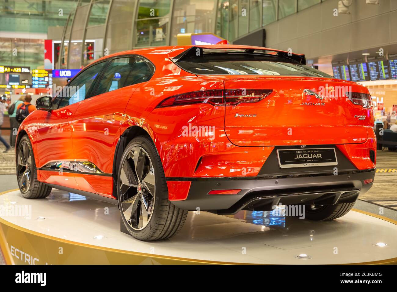 Singapore. March 2019. Orange Jaguar I Pace all electric SUV. Back side view. Standed in Changhi airport. I Pace Car of the future Stock Photo Alamy