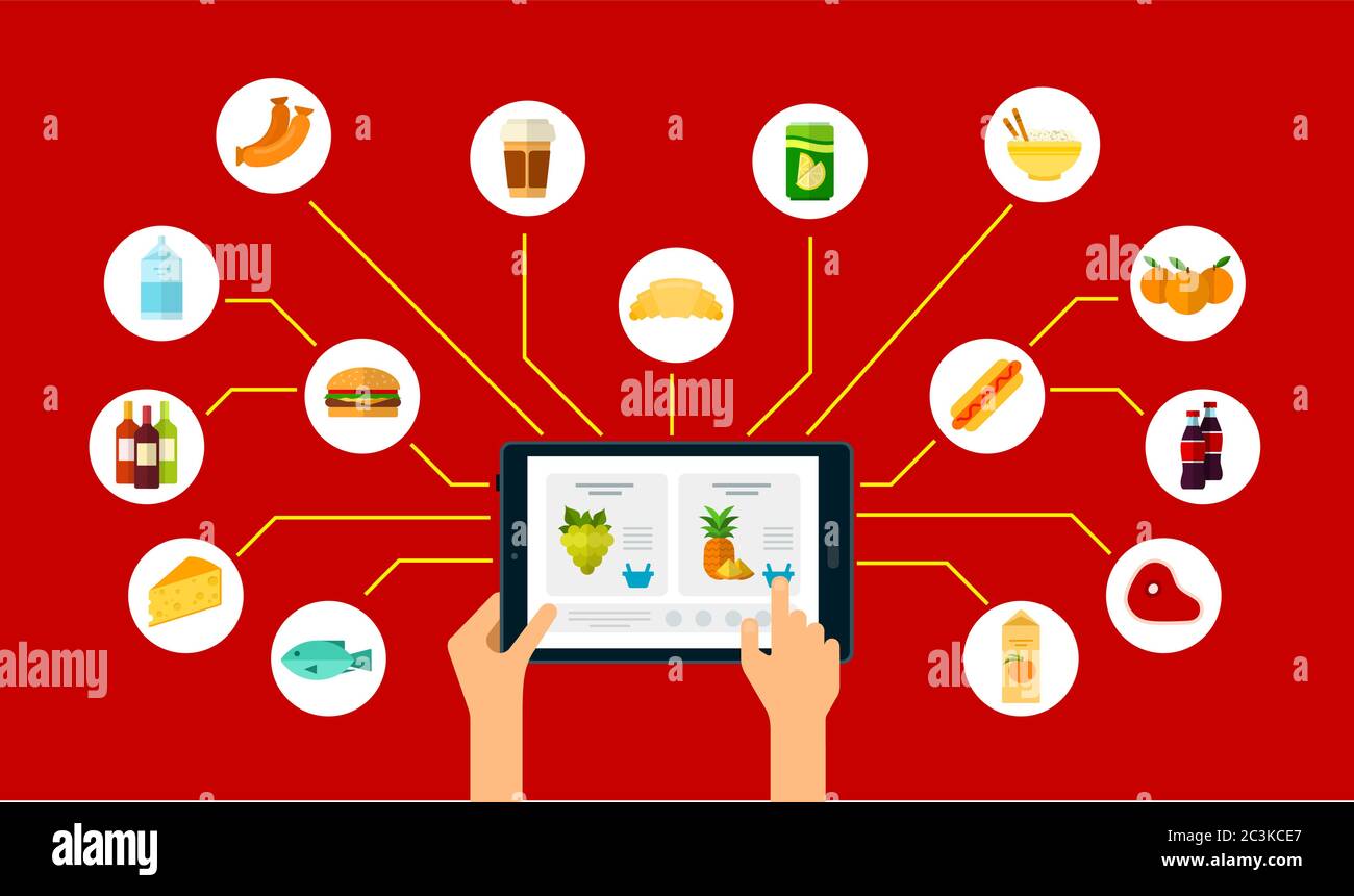 Adding food to order online using a tablet flat vector set Stock Vector