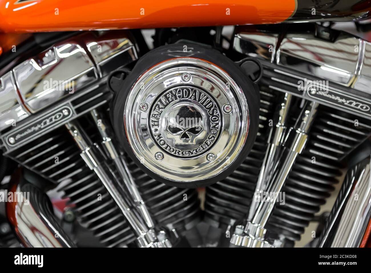 Moscow November 2018 Orange Harley Davidson Stands In The Garage Twin Cam Screamin Eagle 110 Engine Stock Photo Alamy