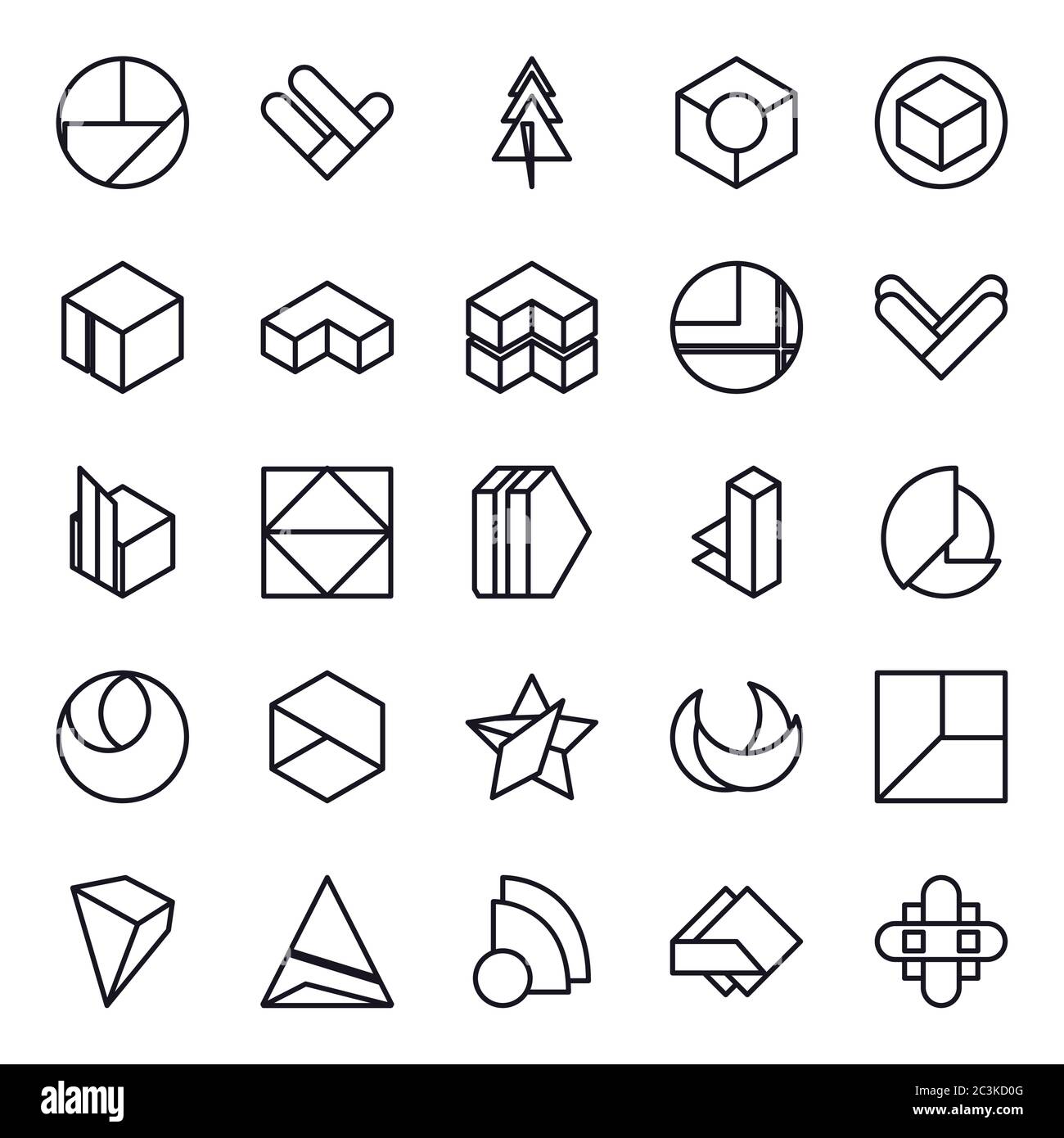 geometric and abstract 3d shapes line style icon set design, figure ...