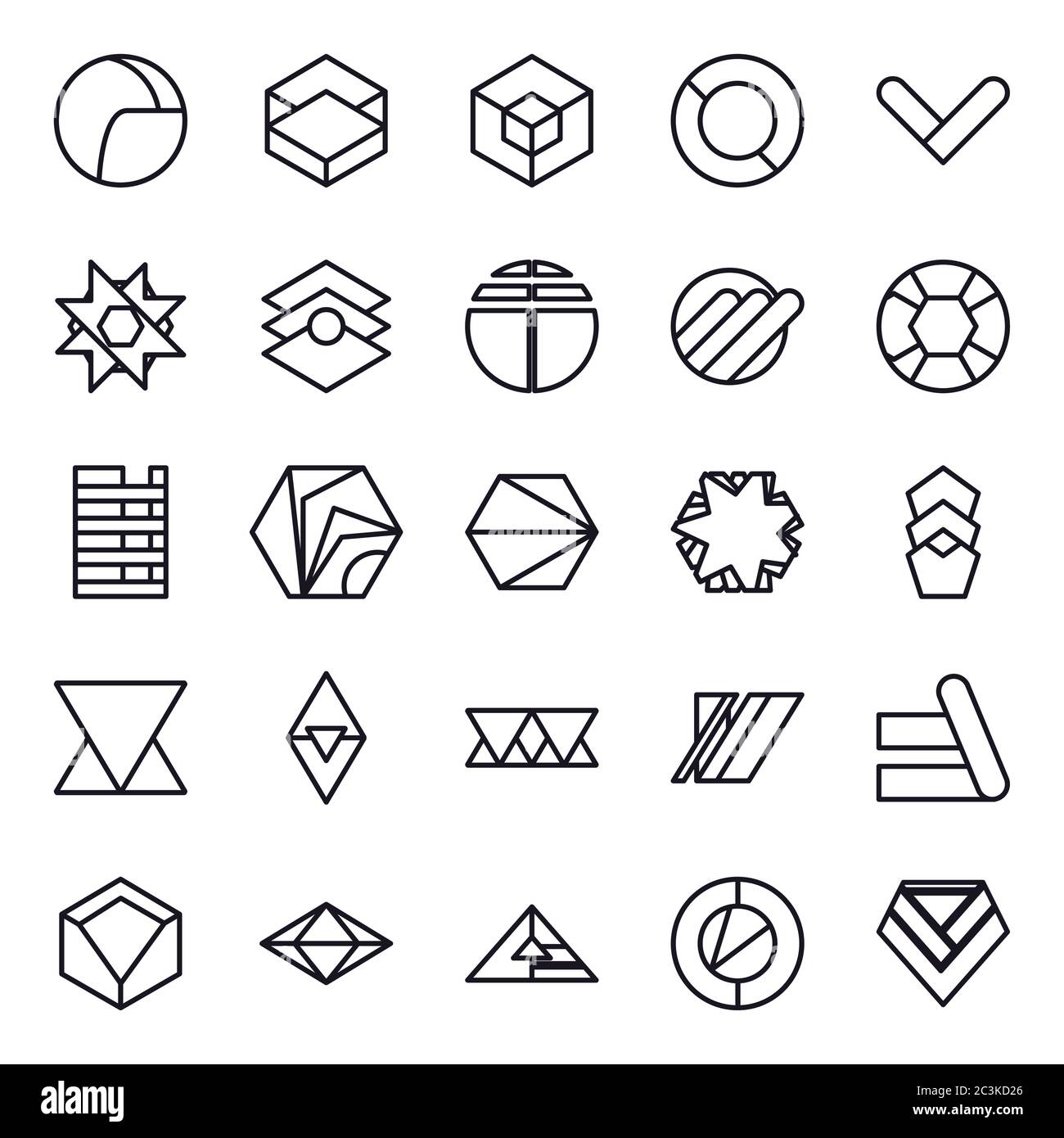 geometric and abstract 3d shapes line style icon set design, figure ...