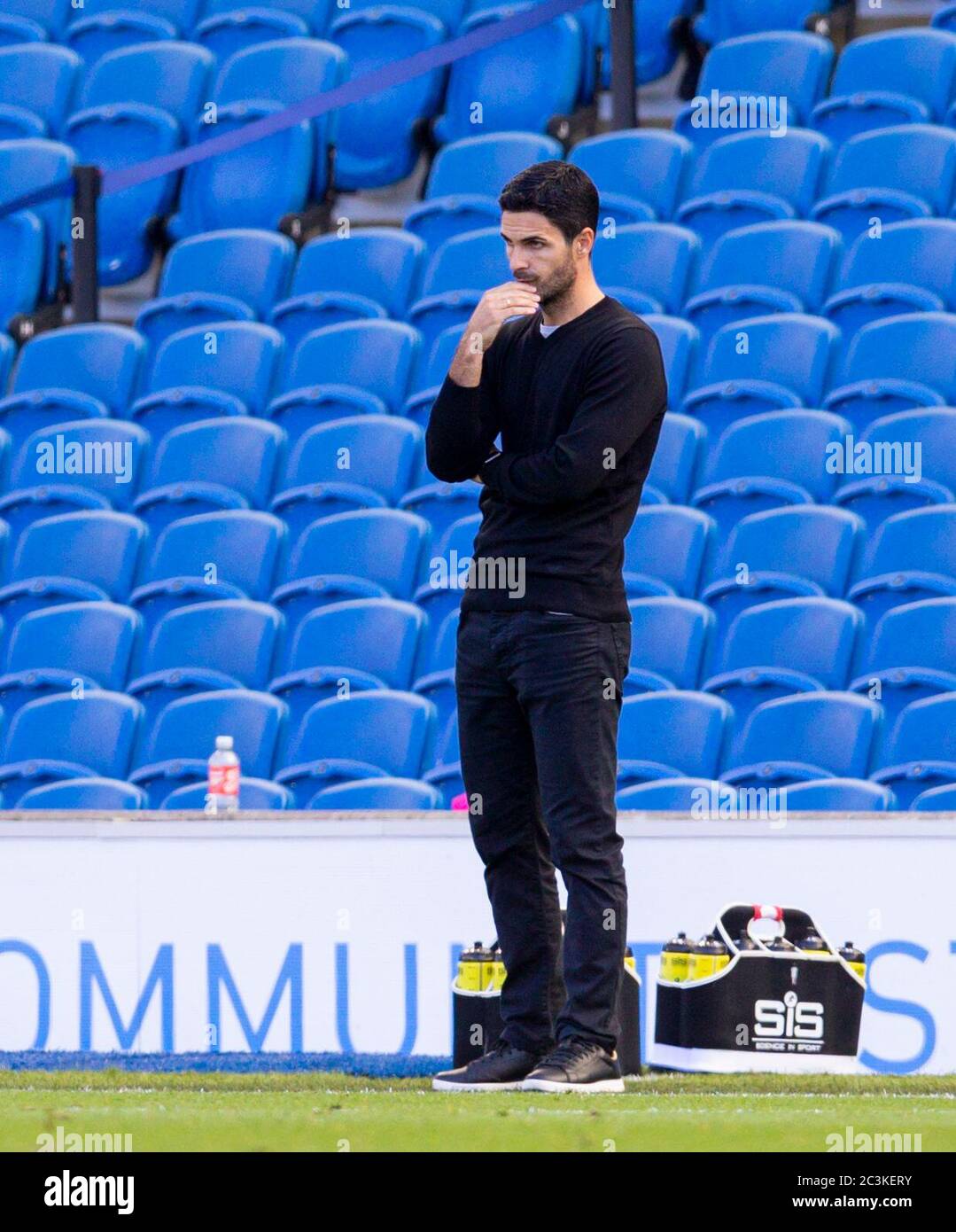 Brighton. 21st June, 2020. Arsenal's manager Mikel Arteta is seen during the Premier League match between Brighton and Hove Albion and Arsenal FC at American Express Community Stadium in Brighton, Britain on June 20, 2020. Credit: Xinhua/Alamy Live News Stock Photo