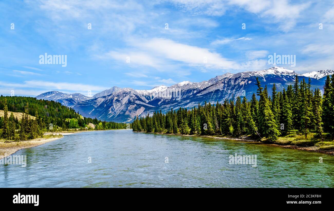 The Athabasca River seen from the Bridge of Maligne lake Road in Jasper national Park in the Canadian Rockies, Alberta, Canada Stock Photo