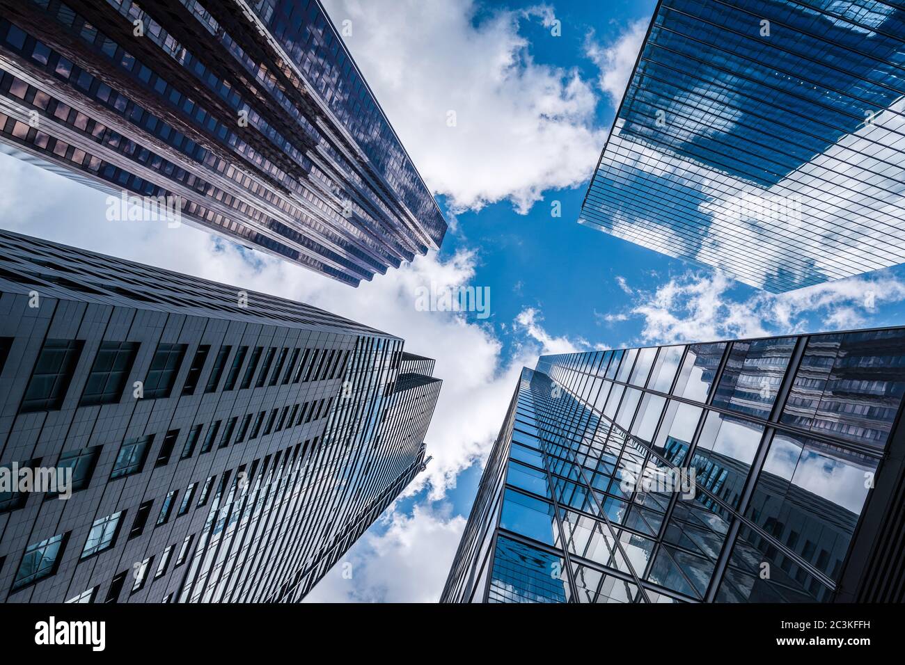Business and finance concept, looking up at modern office building architecture in the financial district of Toronto, Ontario, Canada. Stock Photo
