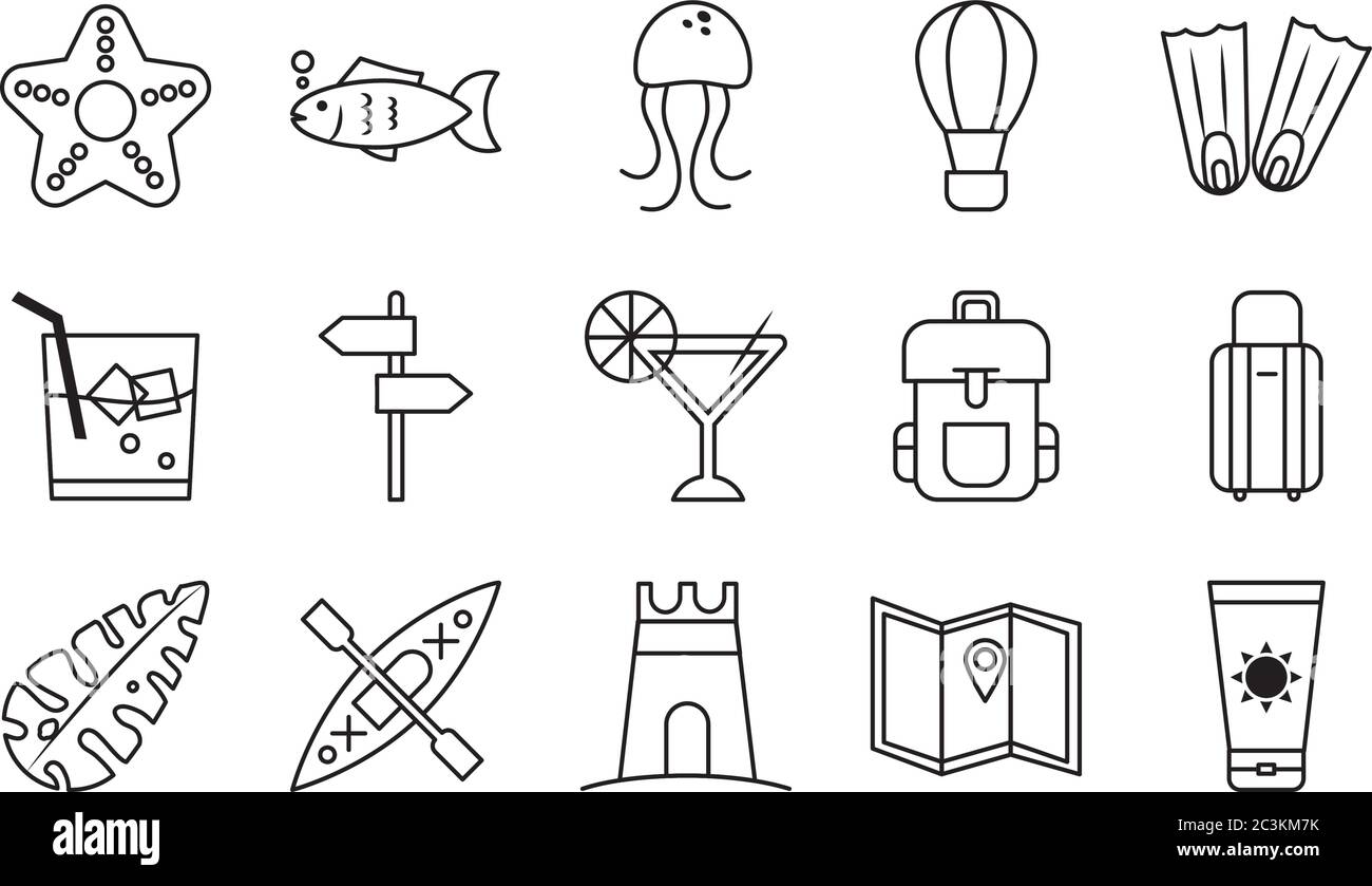 line style icon set design, Summer vacation tropical relaxation outdoor ...
