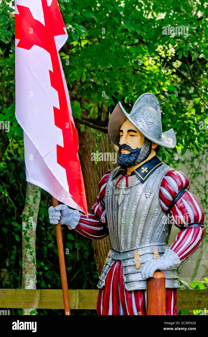 A statue of Ponce de Leon stands at the entrance to Ponce de Leon’s Fountain of Youth Archaeological Park, Sept. 6, 2019, in St. Augustine, Florida. Stock Photo