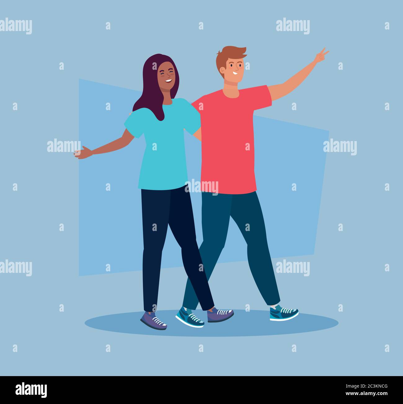 happy characters, young woman with man, friendship excitement, cheerful ...