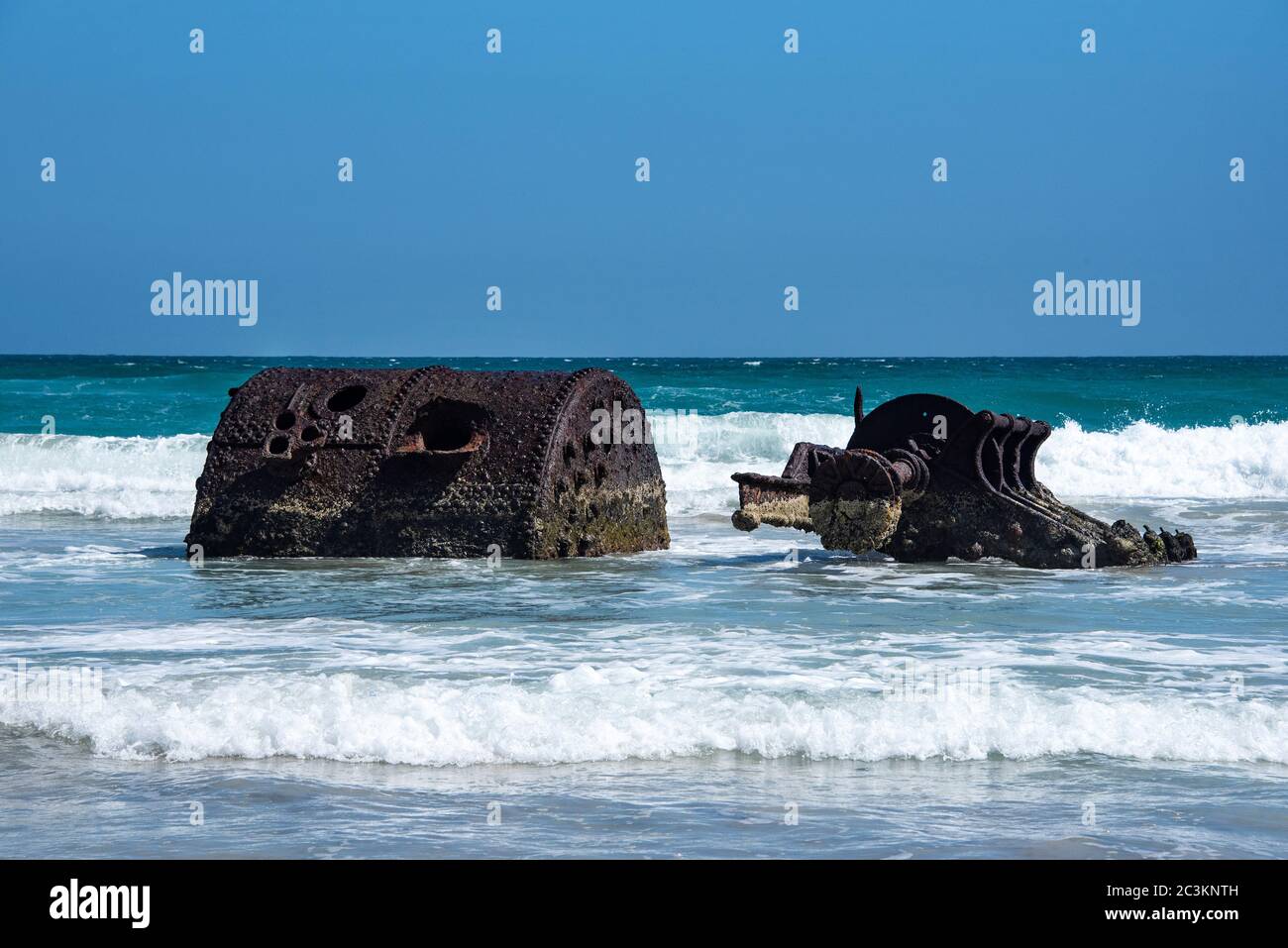 The rusting remains of the Paddle steamer Shannon's boiler and drive shaft. King Island, Australia. Stock Photo