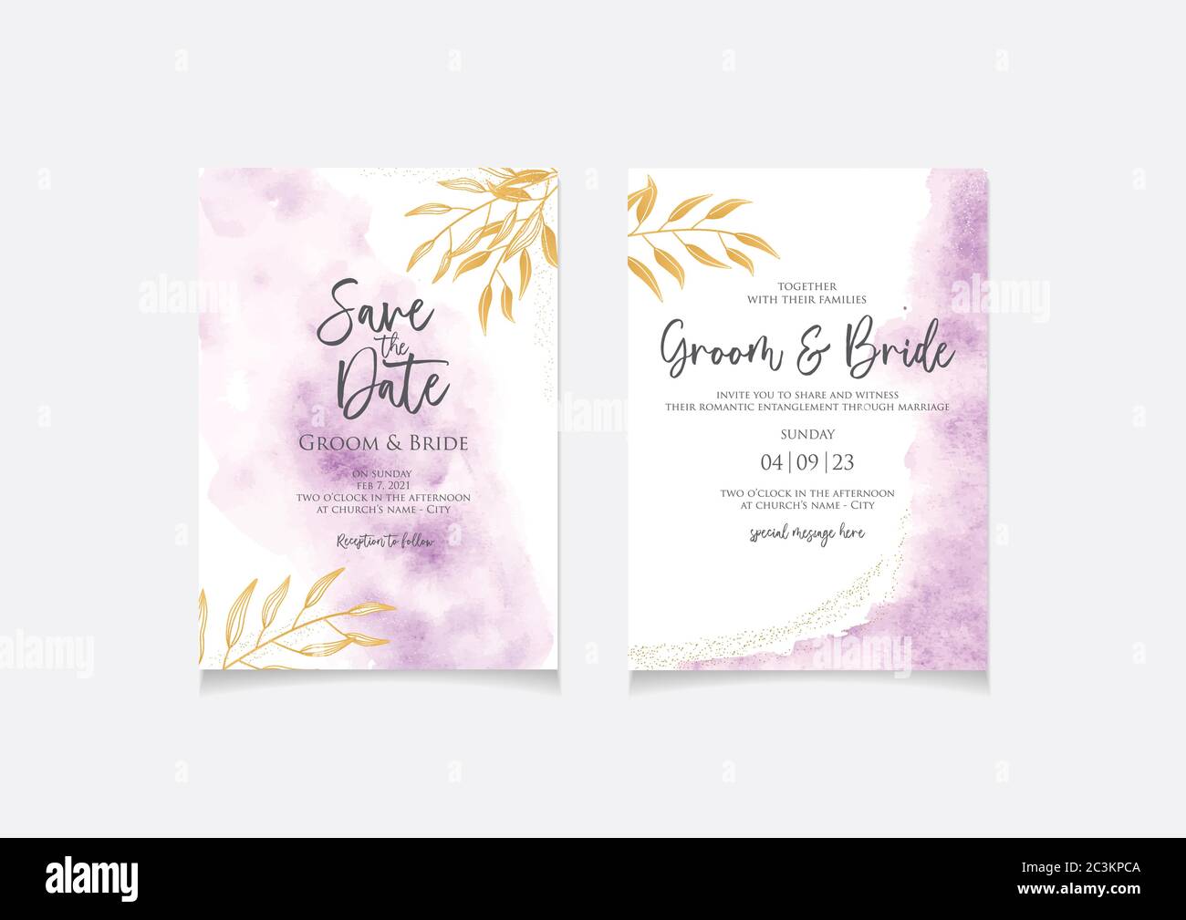 Light purple color wedding invitation card template with golden leaves, glitters and watercolor style background Stock Vector