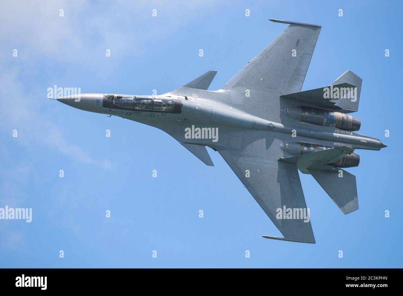Singapore - February 16, 2016: Top view of Sukhoi Su‑30MKM from Royal Malaysian Air Force during it’s performance at Singapore Airshow at Changi Exhib Stock Photo