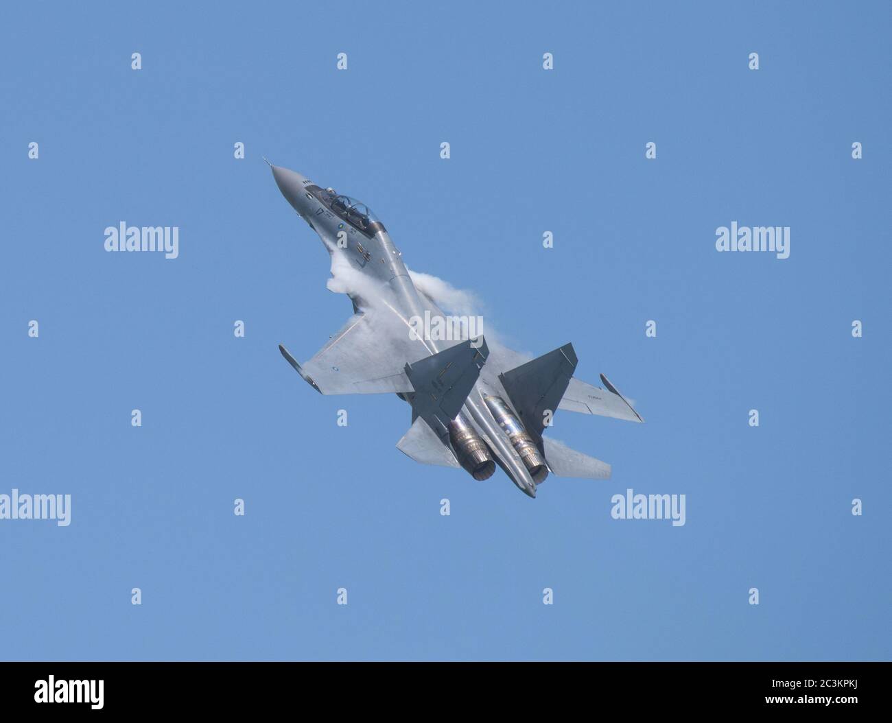 Singapore - February 16, 2016: Sukhoi Su‑30MKM from Royal Malaysian Air Force during its performance at Singapore Airshow at Changi Exhibition Centre Stock Photo