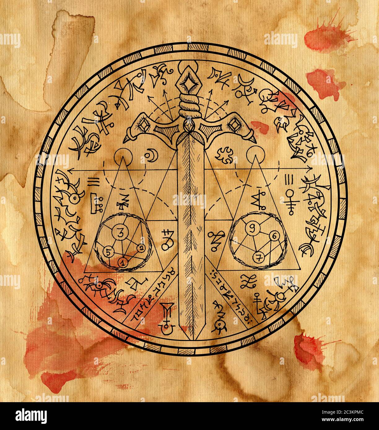 https://c8.alamy.com/comp/2C3KPMC/mystic-background-with-fantasy-sword-in-magic-seal-pentacle-on-old-paper-texture-manuscript-halloween-illustration-with-esoteric-occult-and-gothic-2C3KPMC.jpg