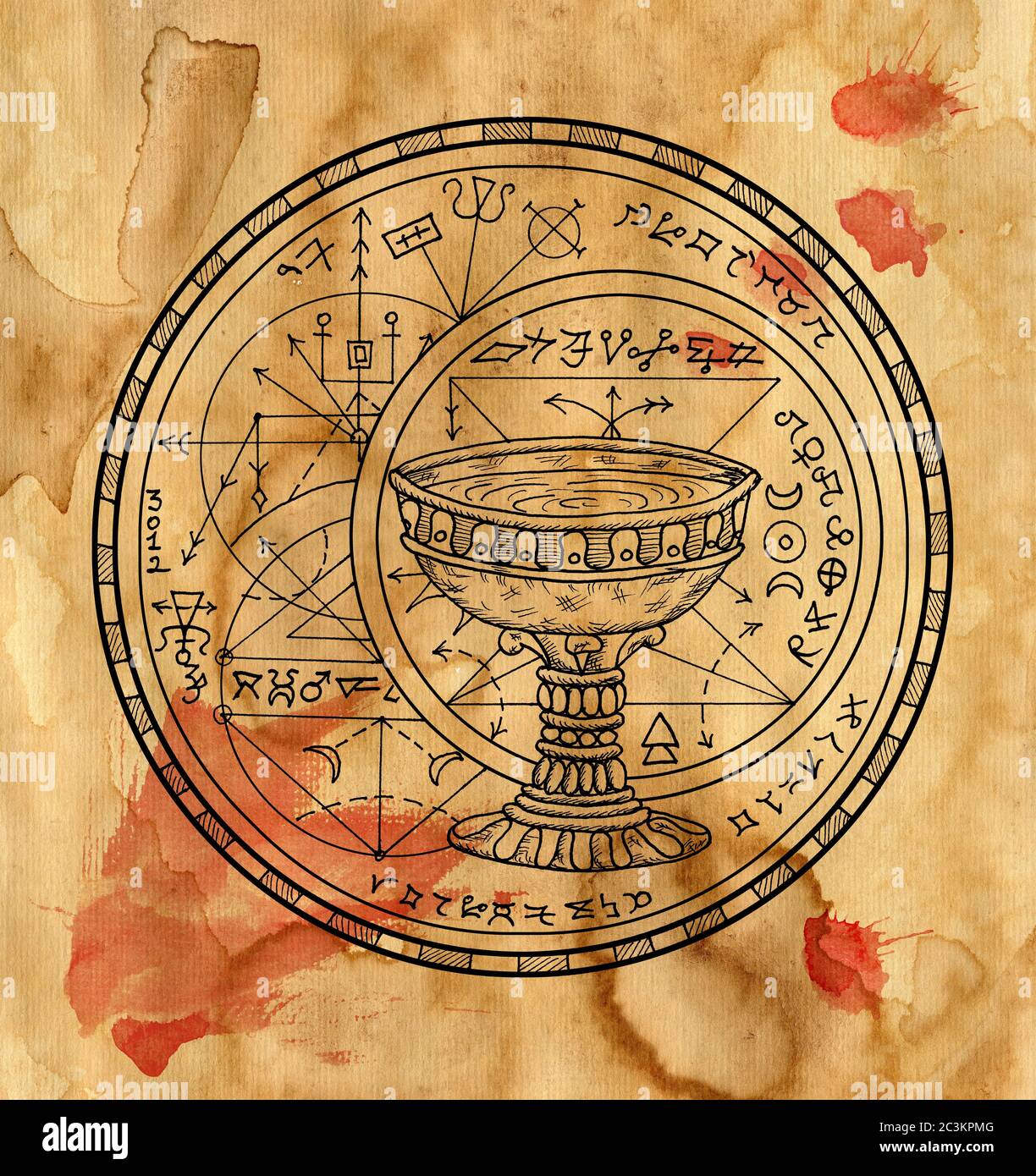 Mystic background with magic seal, pentacle and cup on old paper