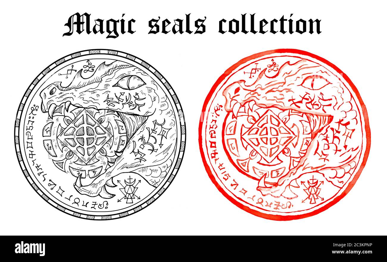 Design set of magic seals with snake holding pentacle coin and mystic symbols. Halloween line art illustration. Esoteric, occult and gothic background Stock Photo