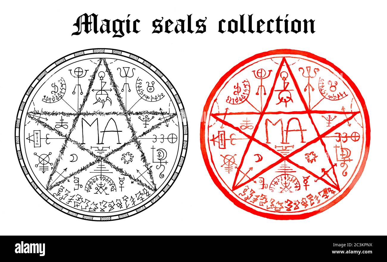 Design set of magic seals with pentagram and mystic symbols isolated on white. Halloween line art illustration. Esoteric, occult and gothic background Stock Photo