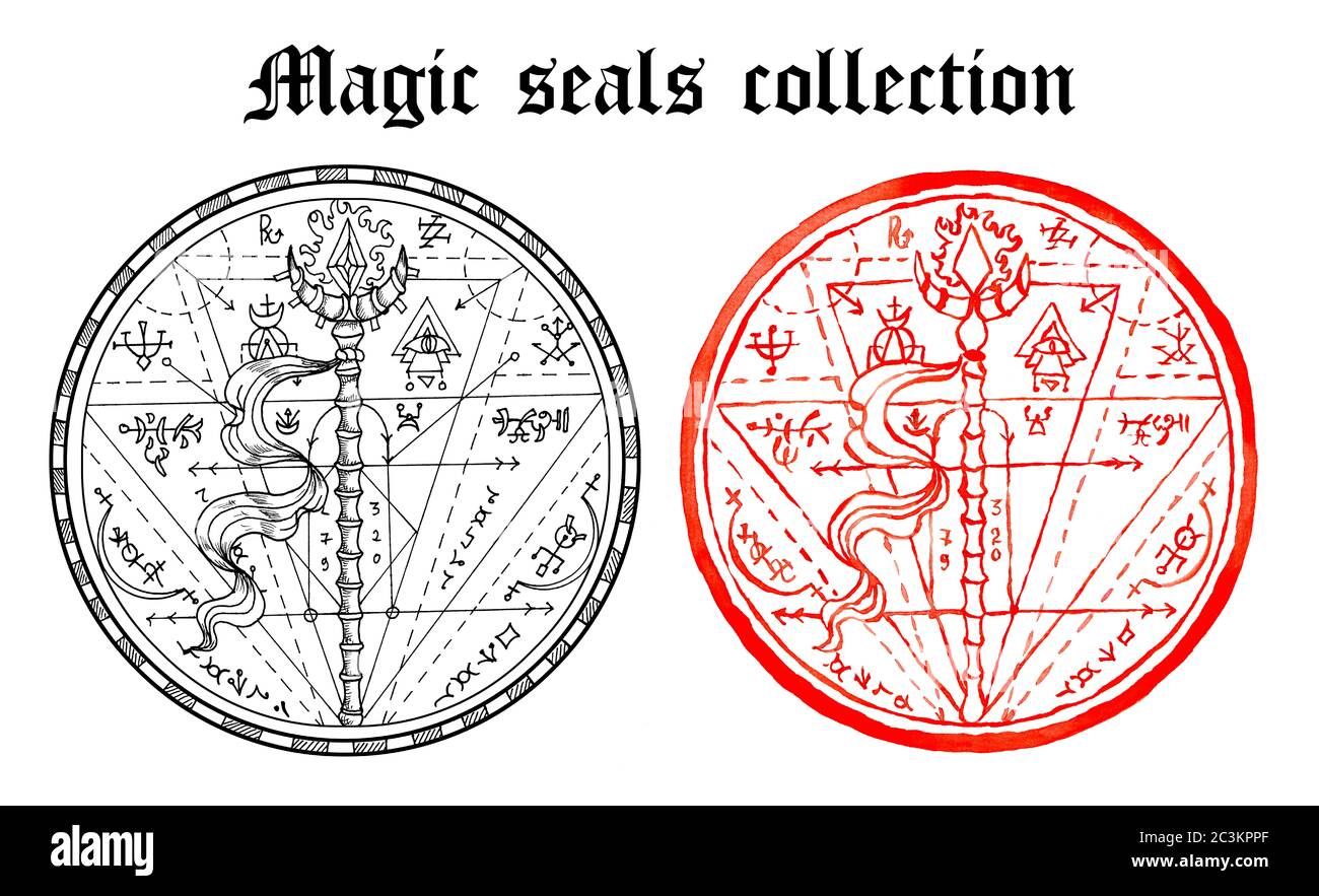 Design set of magic seals with wand and mystic symbols isolated on white. Halloween line art illustration. Esoteric, occult and gothic background, fan Stock Photo