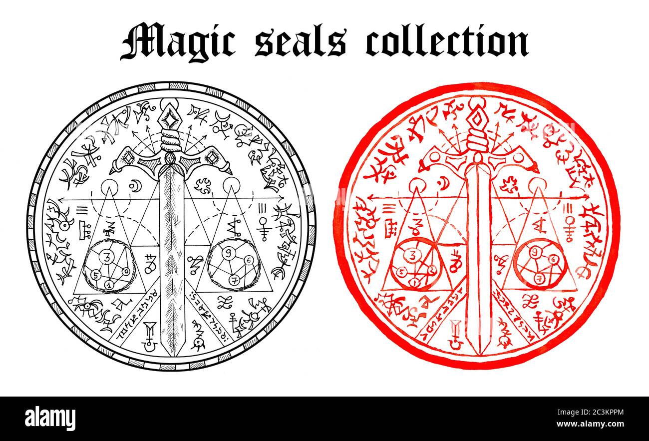 Design set of magic seals with sword and mystic symbols isolated on white. Halloween line art illustration. Esoteric, occult and gothic background, fa Stock Photo
