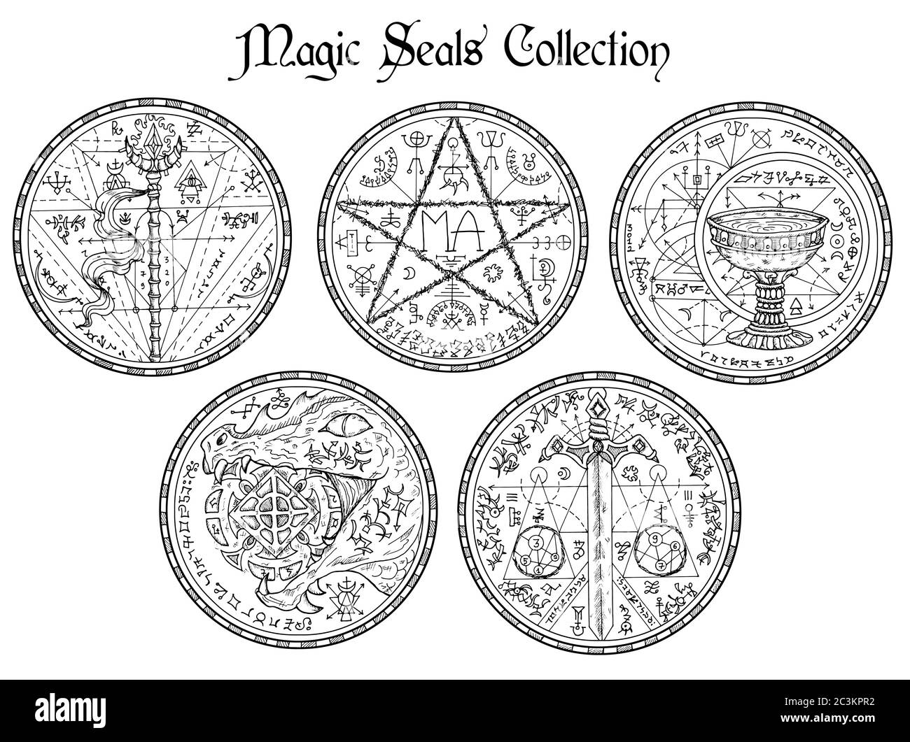 Design vector set with black and white magic seals and mystic symbols. Halloween line art illustration. Esoteric, occult and gothic background, fantas Stock Photo