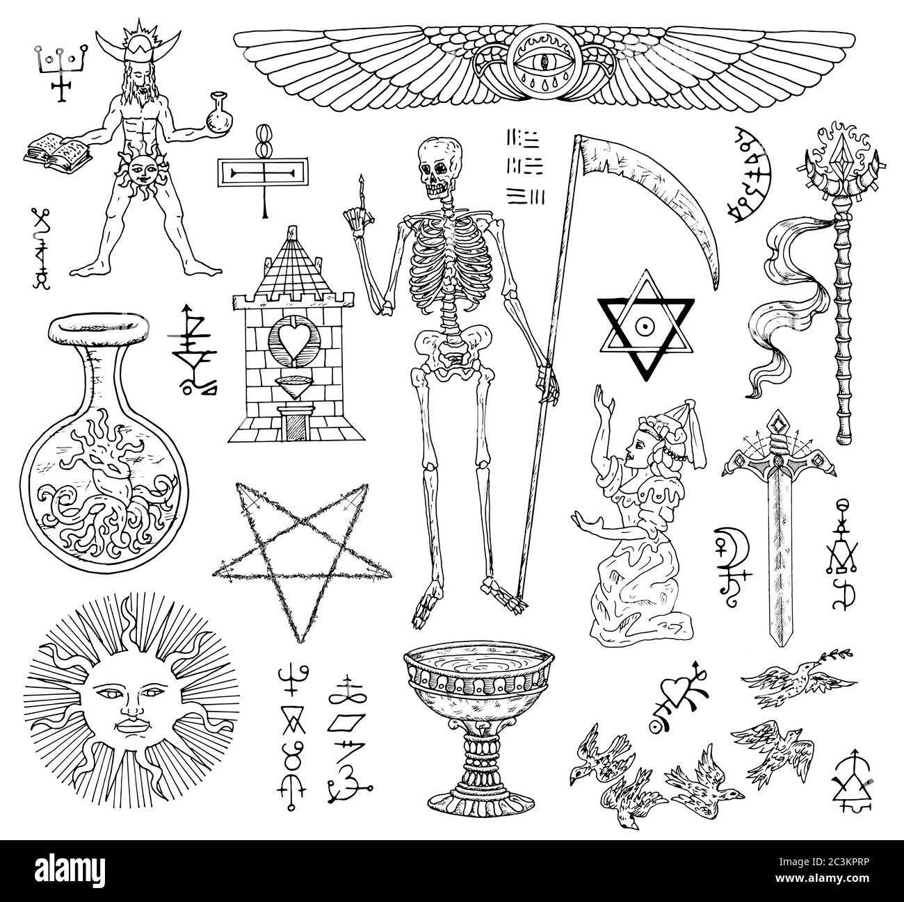 Design set with black and white pentagram, skeleton, alchemy and mystic symbols. Halloween line art vector illustration. Esoteric, occult and gothic b Stock Photo