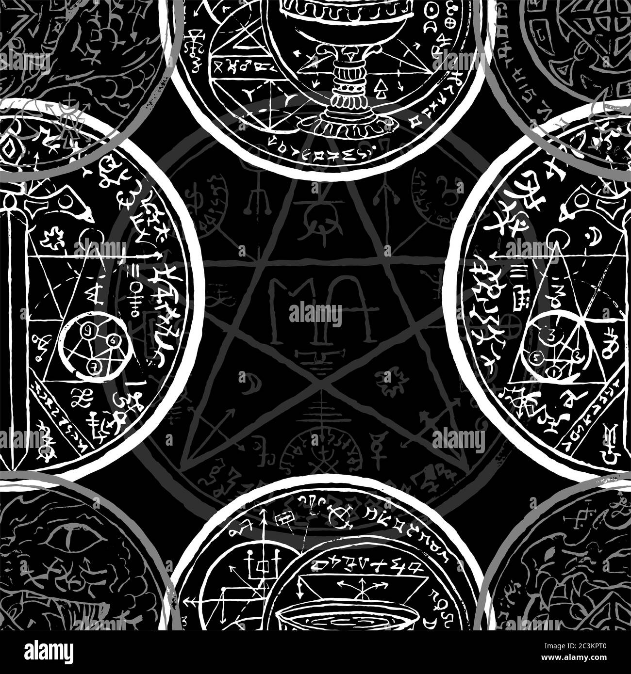 Seamless pattern with sword, pentagram and mystic symbols on black