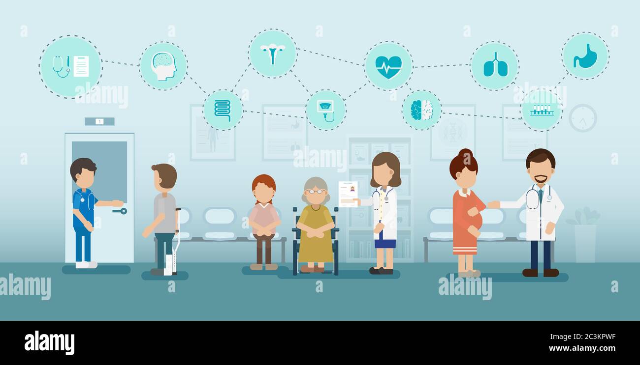 Health check concept with doctor and icons flat design vector illustration Stock Vector
