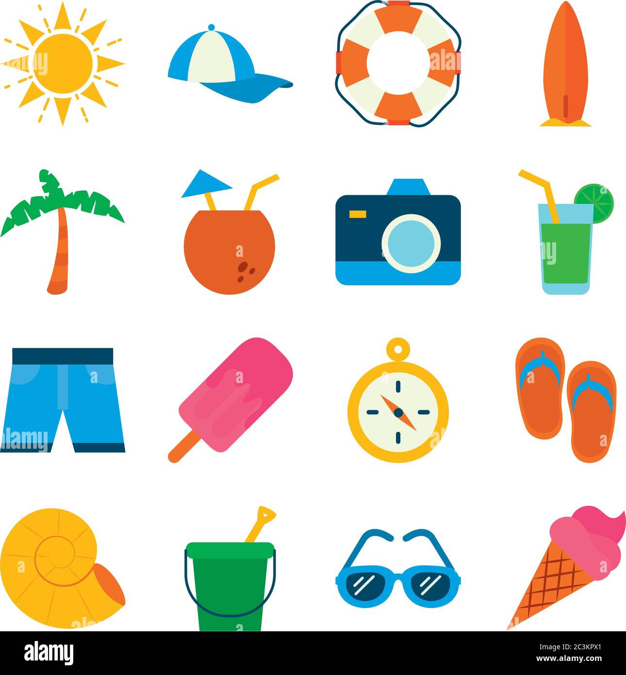 flat style icon set design, Summer vacation tropical relaxation outdoor ...