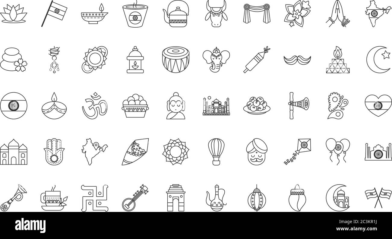 Indian line style icon set design, India culture travel and asia theme Vector illustration Stock Vector