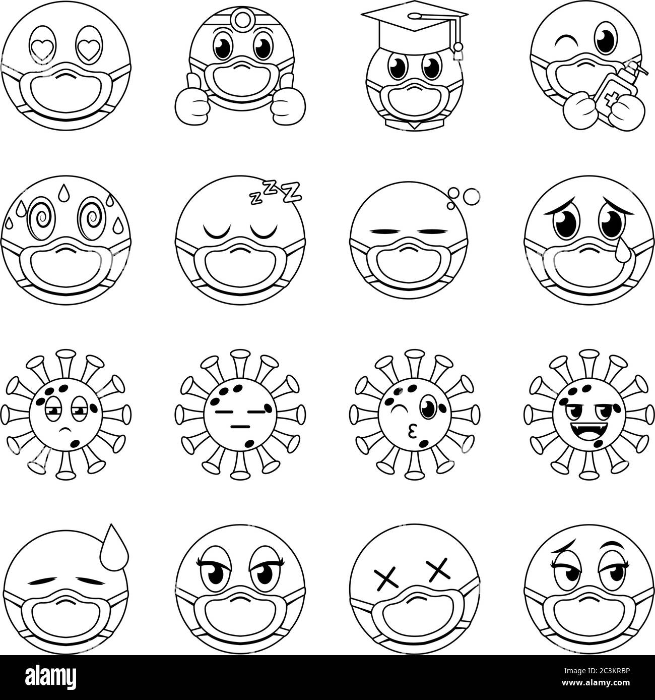 emojis with masks line style icon set design of medical care and covid 19 virus theme Vector illustration Stock Vector