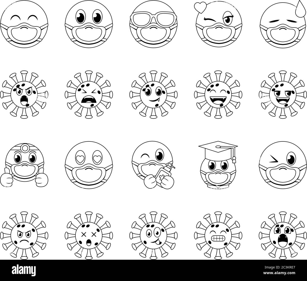 emojis with masks line style icon set design of medical care and covid 19 virus theme Vector illustration Stock Vector