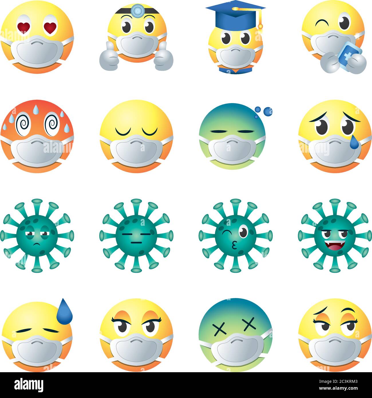 emojis with masks gradient style icon set design of medical care and covid 19 virus theme Vector illustration Stock Vector