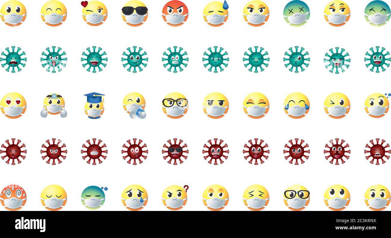 emojis with masks gradient style icon set design of medical care and covid 19 virus theme Vector illustration Stock Vector