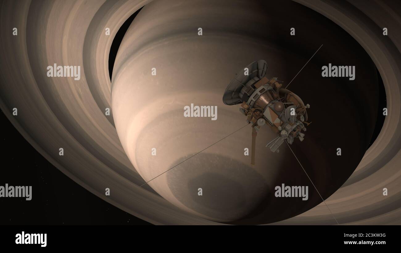 Satellite Cassini is approaching Saturn. Cassini Huygens is an unmanned spacecraft sent to the planet Saturn. Elements of this photo furnished by NASA Stock Photo