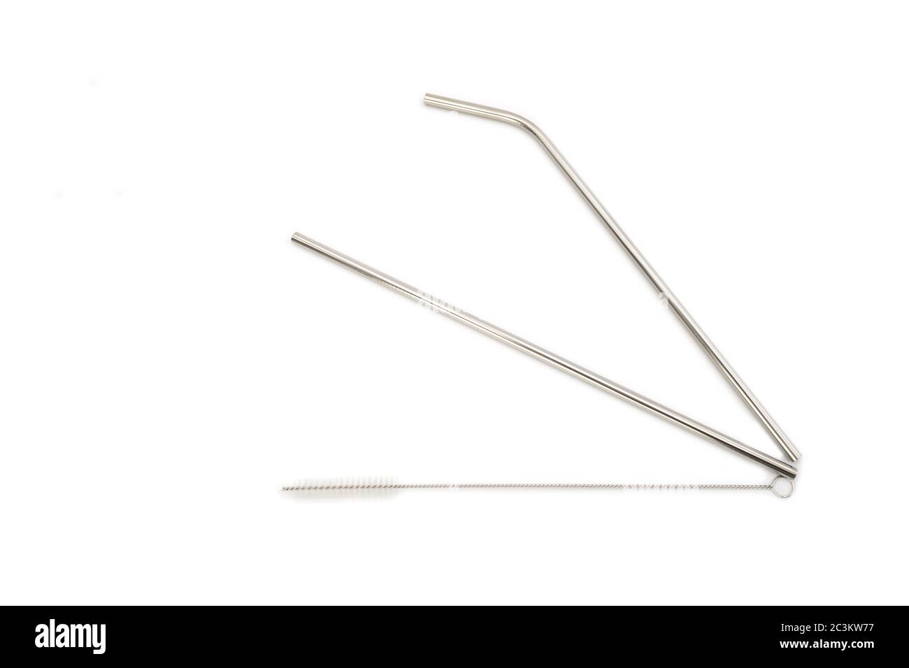 Straight and Curve Stainless straw with cleaning brush on the white background. Stock Photo
