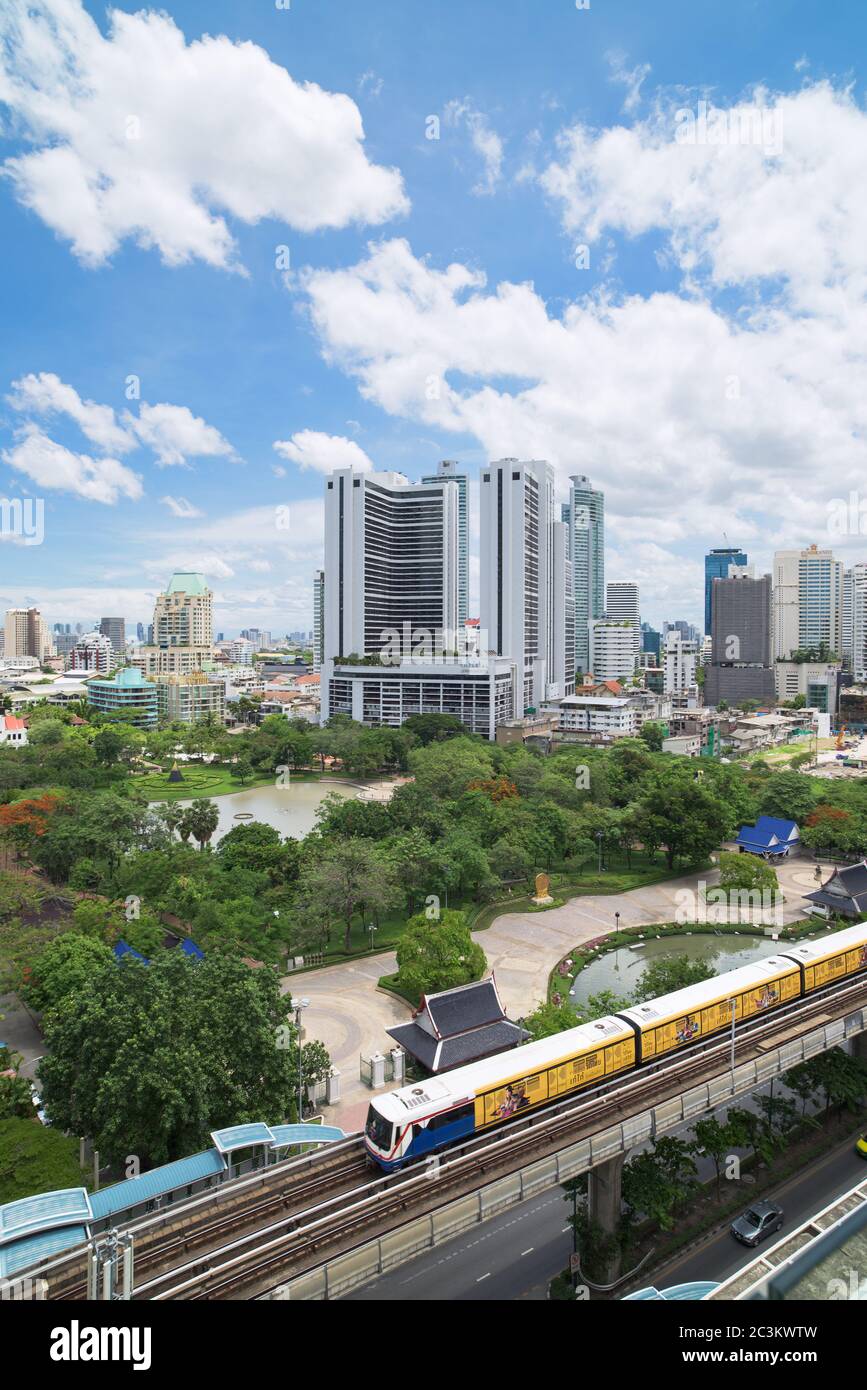 Bangkok, Thailand - May 22, 2015: With the BTS Skytrain, opened in 1999, Bangkok has developed fast in areas near the train stations, like here at Phr Stock Photo