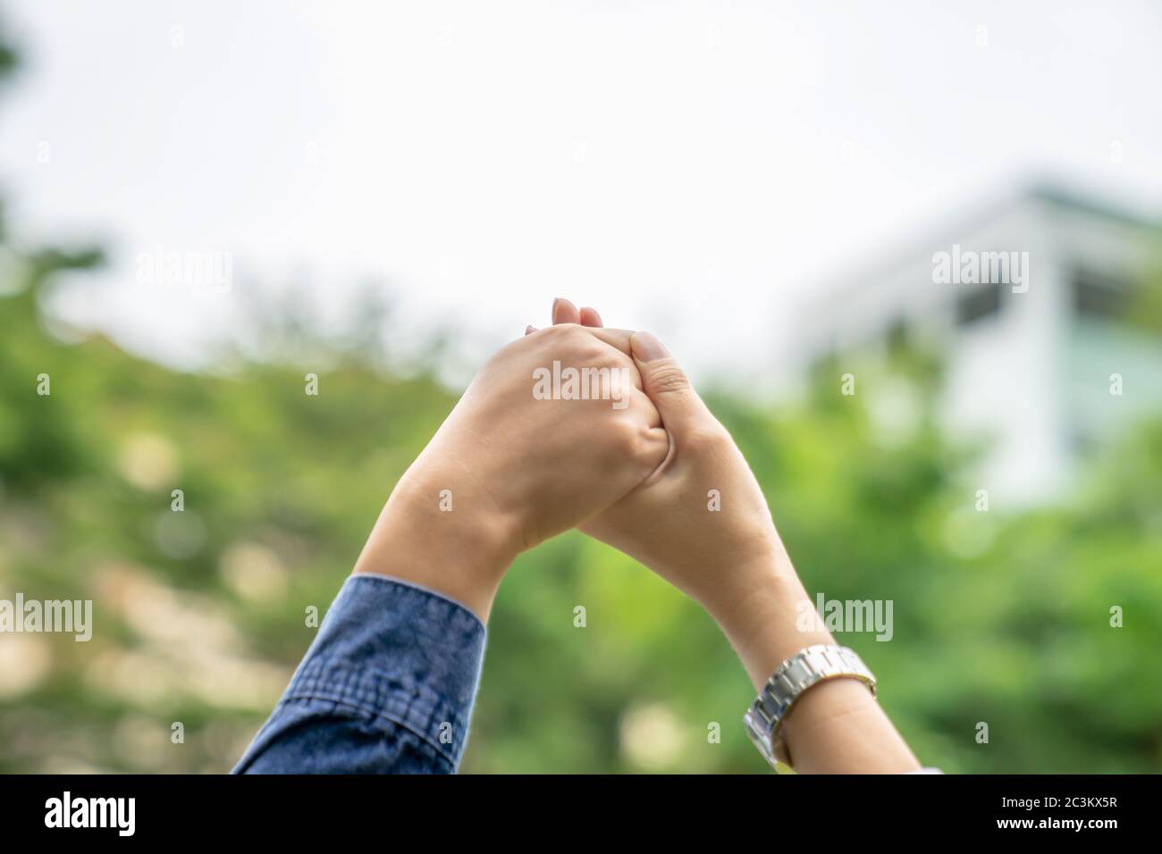 Close Up To Two Asian Females Holds Hands And Raise Up To The Sky For Showing The Team Building Work And Play Together Stock Photo Alamy