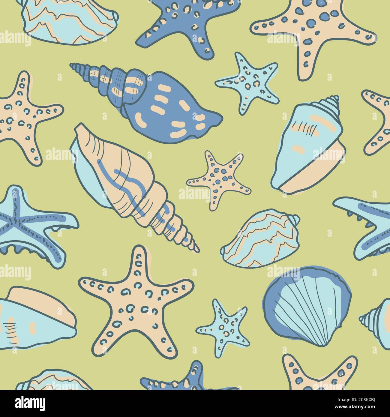 Seamless pattern with seashells and starfishes. Marine background Stock ...