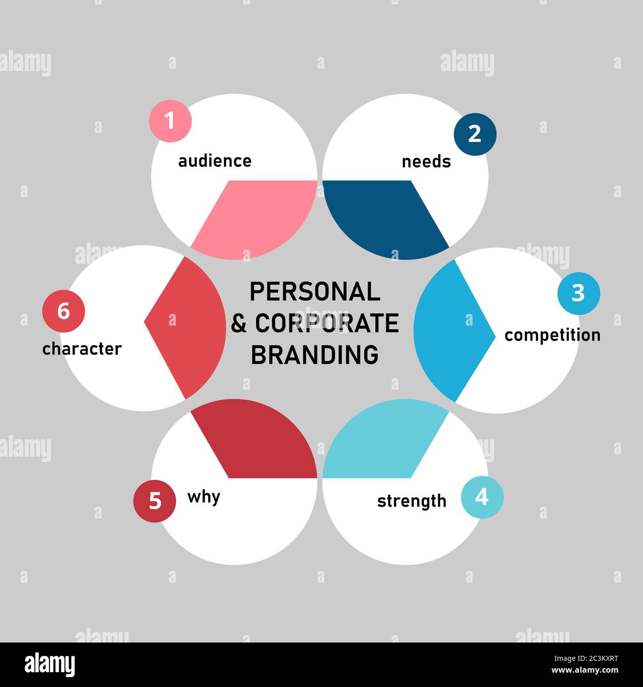 Personal corporate branding audience needs competition strength why character in diagram flat style. Stock Vector