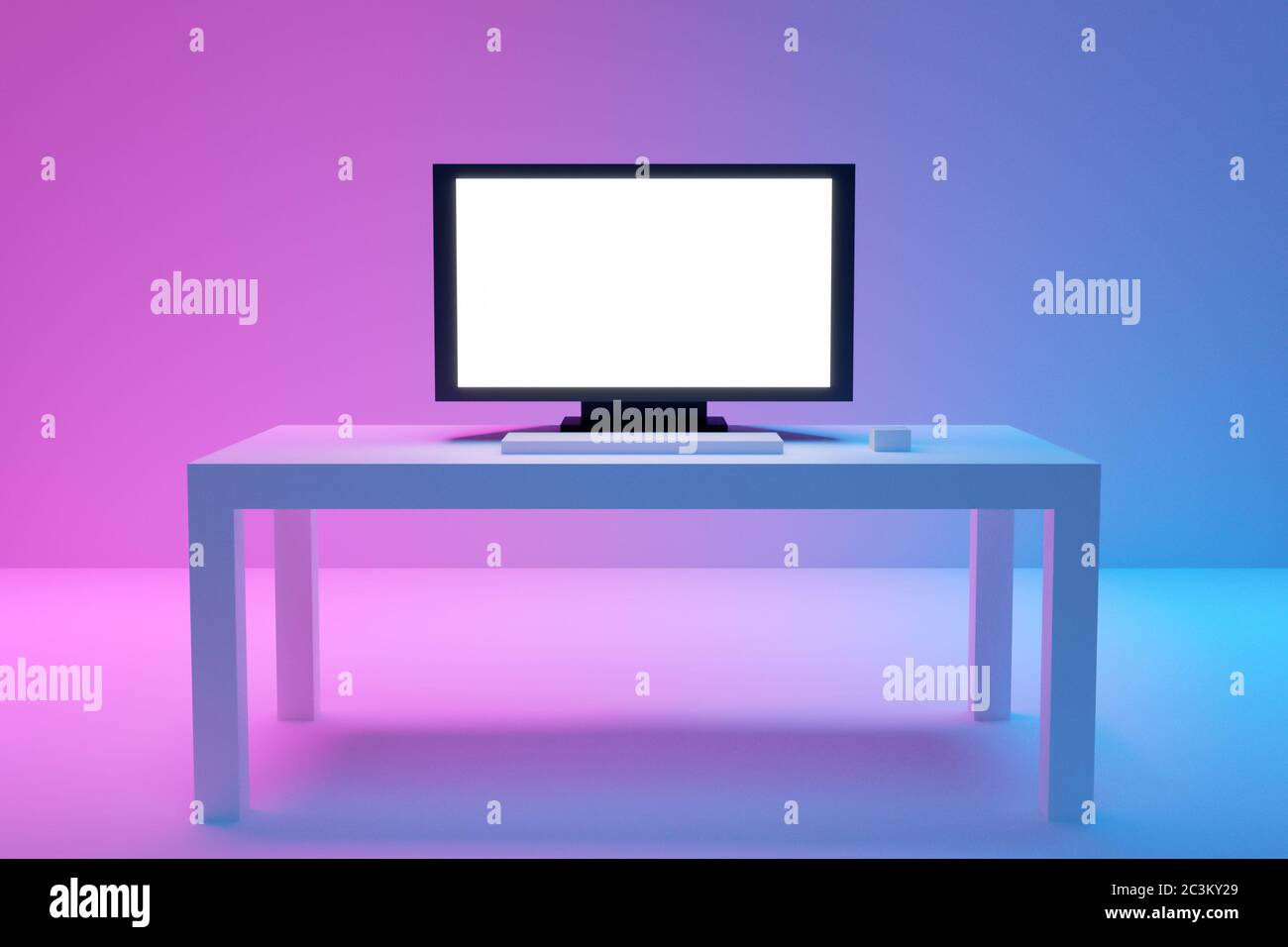 3d illustration of a large flat tv stands on a white coffee table on a blue-pink background. A place for home relaxation Stock Photo