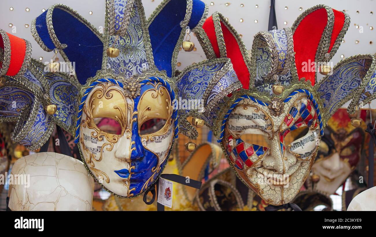 Colorful carnival masks on the market in Venice, Italy. Masks were worn