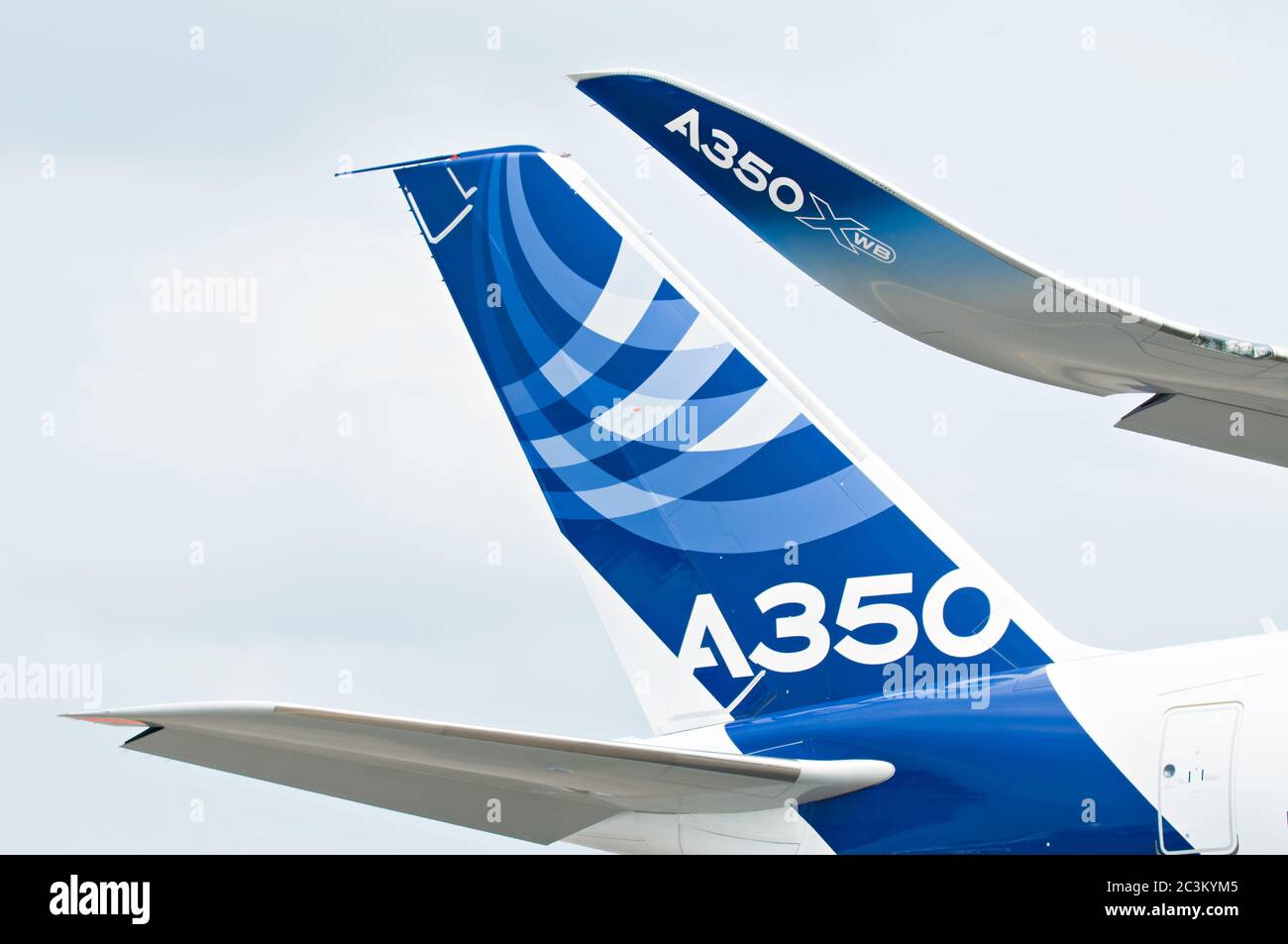 SINGAPORE - FEBRUARY 11: Tailplane and winglet of Airbus A350 XWB prototype 003 at Singapore Airshow, Changi Exhibition Centre in Singapore on Februar Stock Photo