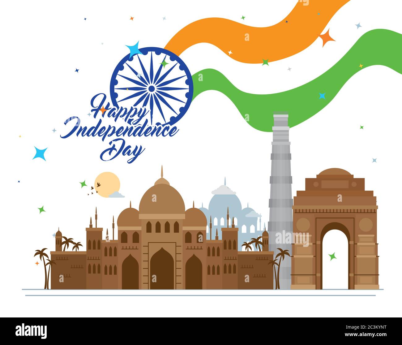 indian happy independence day with ashoka wheel decoration and famous ...