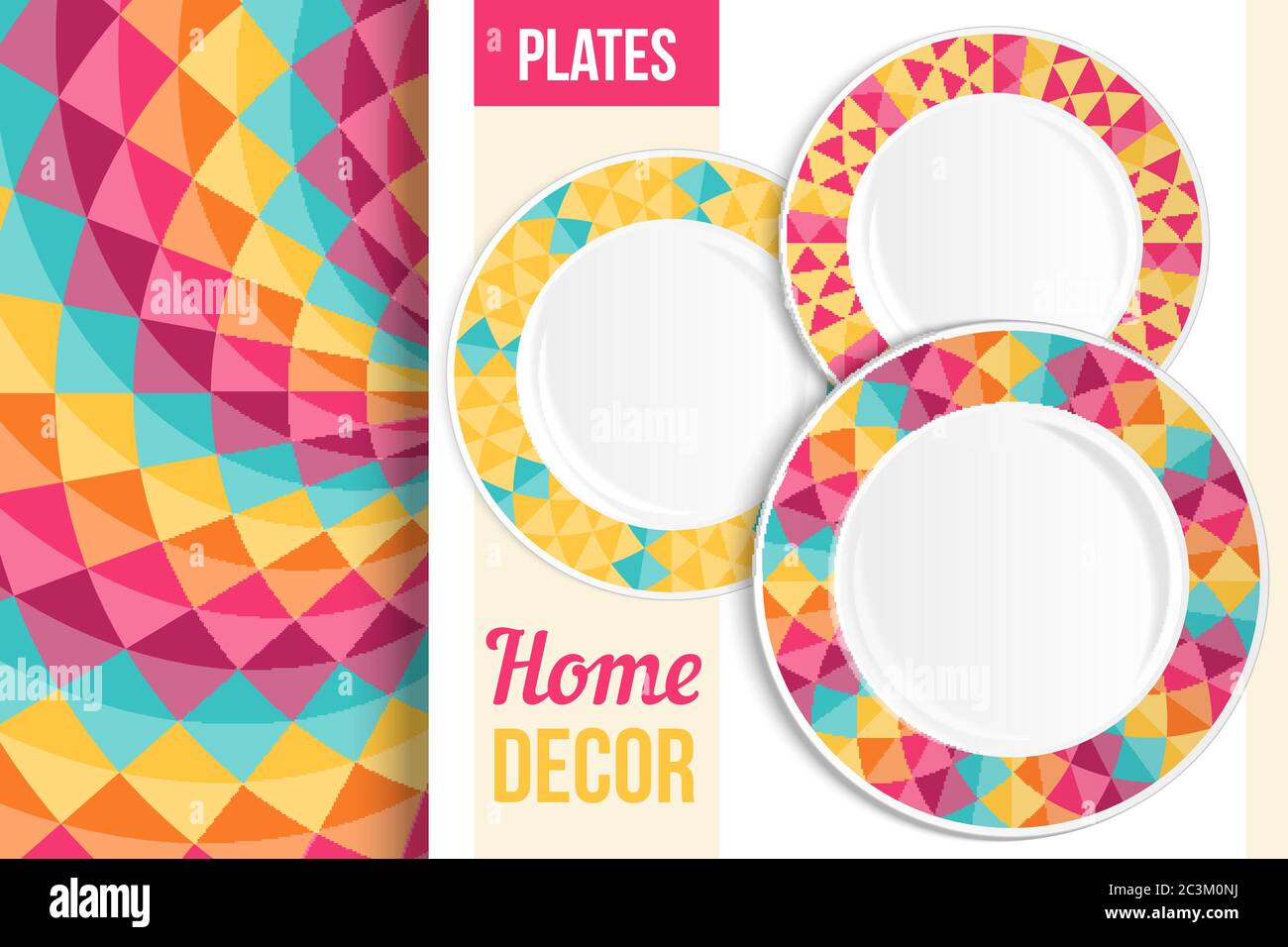 Pattern and Set of 3 matching decorative plates with this pattern applied. Top view of three empty plates. Vector illustration. Stock Vector
